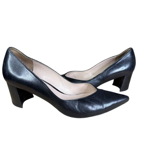 Stuart Weitzman Black Leather Pointed Toe Pumps Block Heel Size 7.5M - Picture 3 of 13